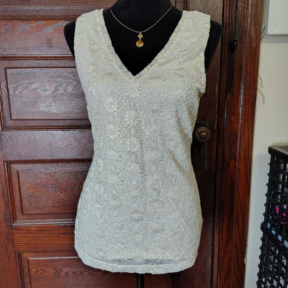Glamour Floral Ivory W Gold Tones Lace Y2K Coquette Tank Top Wmns Sz M/T710